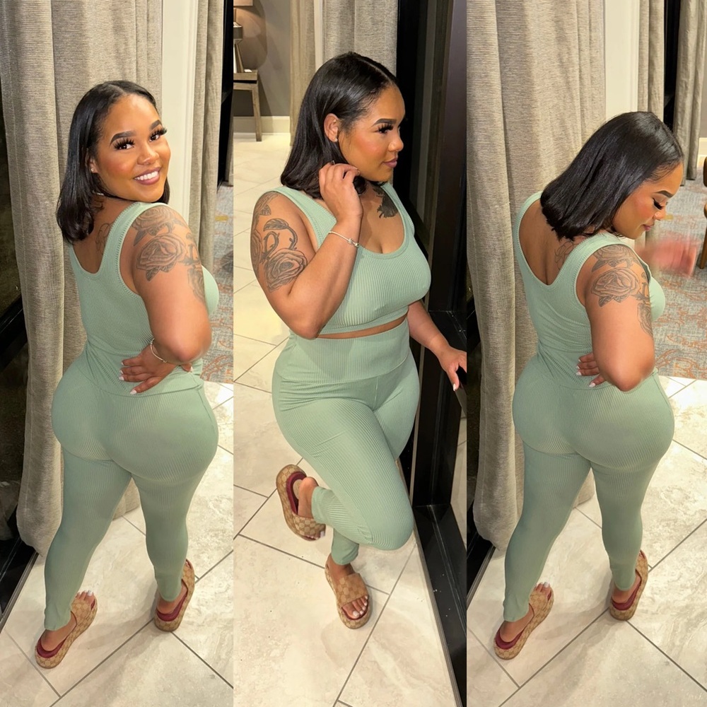 Sage Green Women's Ribbed 2 Piece